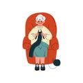 Senior Woman Sitting in Armchair and Knitting, Old Lady Daily Activity Vector Illustration