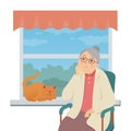 Senior woman sitting by the window - flat design style illustration