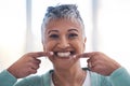 Senior woman, smile and hands for teeth wellness or happy for healthy cleaning care. Elderly person, happiness portrait Royalty Free Stock Photo