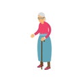Senior woman standing with cane, pensioner people leisure and activity vector Illustration