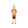 Senior woman standing with plate of food, pensioner people leisure and activity vector Illustration