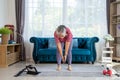 Retirement woman doing exercise with Revolved triangle pose at home