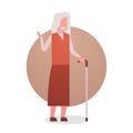 Senior Woman With Stick Happy Smiling Grandmother Gray Hair Female Icon Full Length Lady