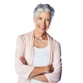 Senior woman, studio portrait and arms crossed with smile, happiness and focus by white background. Isolated old woman Royalty Free Stock Photo