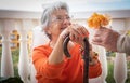 Senior woman suffering from back pain sits with hands resting on the stick while receiving a flower from her husband Royalty Free Stock Photo