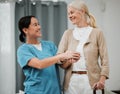Senior woman, support and walking stick with nurse holding hands for disability help or retirement nursing. Elderly Royalty Free Stock Photo