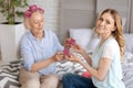 Senior woman taking away pink hair rollers Royalty Free Stock Photo