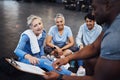 Senior woman, talking and personal trainer contract with elderly friends ready for wellness. Sports checklist, gym Royalty Free Stock Photo