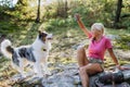 Senior woman training her dog during walk in forest. Royalty Free Stock Photo