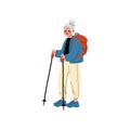 Senior Woman Traveling with Backpack, Nordic Walking, Old Lady Daily Activity Vector Illustration