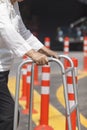 Senior woman using a walker cross street. Royalty Free Stock Photo