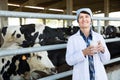 Senior woman veterinarian with milk on dairy farm Royalty Free Stock Photo