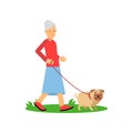 Senior woman walking with a dog, pensioner people leisure and activity vector Illustration