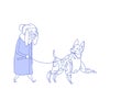 Senior woman walking with modern robot dog artificial intelligence pets care concept grandmother lady sketch doodle