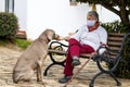 Senior woman wearing a home made face mask and enjoying some time outdoors with her pet during the coronavirus quarantine de-