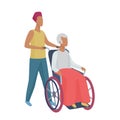 Senior woman in wheelchair with careful young man volunteer abstract style vector illustration. Royalty Free Stock Photo