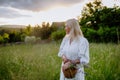 Senior woman wih basket in meadow in summer collecting herbs and flowers, natural medicine concept. Royalty Free Stock Photo