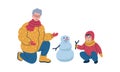 Grandparent making a snowman together with child during winter time. Isolated vector illustration.