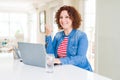 Senior woman working using computer laptop pointing and showing with thumb up to the side with happy face smiling Royalty Free Stock Photo