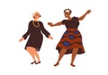 Senior women dance to music. Happy elderly ladies of different race dancing with joy, fun. Active modern old people Royalty Free Stock Photo