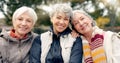 Senior, women and friends face in park with bonding and retirement smile in a garden. Nature, portrait and hug with