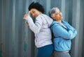 Senior, women and friends, portrait and fitness, arms crossed with thumbs up pose and playful outdoor. Female people