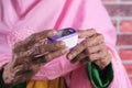 Senior women hand using pulse oximeter Royalty Free Stock Photo