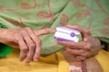 senior women hand using pulse oximeter Royalty Free Stock Photo