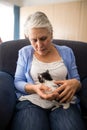 Senior women holding kitten while sitting on armchair Royalty Free Stock Photo