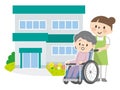 Senior women in nursing homes and wheelchairs and nursing staff