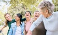 Senior women, park and friends laughing at funny joke, crazy meme or comedy outdoors. Comic, happy or group of retired Royalty Free Stock Photo