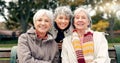 Senior, women sitting and friends face in park with retirement smile in a garden. Nature, portrait and hug with elderly