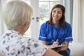 Senior woman sitting at home with care nurse taking notes Royalty Free Stock Photo