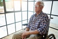 The senior years. a senior man sitting in his wheelchair in the retirement home.