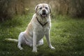 Senior Yellow Labrador sat looking at the camera in autumn