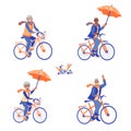 Happy elderly people ride bicycles with umbrellas in autumn