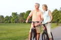 Seniors couple biking