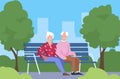 Seniors couple in park. Elderly people sitting on bench. Old man and woman walking in city recreational area. Gray