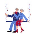 Seniors couple is swinging on the swings decorated with hearts. Live tigether. Seniors couple are celebrating Valentine\'s day