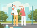 Seniors are doing exercises. Morning training of pensioners in the park. Happy elderly couple is engaged in fitness Royalty Free Stock Photo