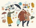 Seniors Fighting with Strong Wind, Aged Couple Man and Woman Walk in Windy Weather, Old Lady with Destroyed Umbrella Royalty Free Stock Photo