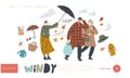 Seniors Fighting with Strong Wind Landing Page Template. Aged Couple Walk in Windy Weather, Lady with Destroyed Umbrella