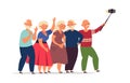 Seniors group. Old people, elderly friends together doing selfie. Happy cartoon modern grandparents using smartphone