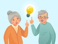 Seniors idea. Old people couple have idea, elderly senior thinking issue. Grandfather and grandmother cartoon vector