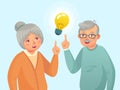 Seniors idea. Old people couple have idea, elderly senior thinking issue. Grandfather and grandmother cartoon vector illustration