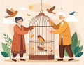 Seniors release birds from cage free birds fly vector illustration Royalty Free Stock Photo