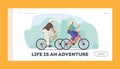 Seniors Riding Bicycles Landing Page Template. Man and Woman Pensioner Active Lifestyle, Aged People Extreme Activity