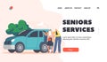 Seniors Services Landing Page Template. Volunteer Young Female Character Help to Old Woman Sit in Car. Volunteering