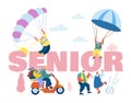 Seniors Sparetime Concept. Elderly People Active Lifestyle. Happy Aged Pensioners Doing Extreme Sport Skydiving, Biking