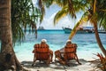 Seniors on summer vacation on the sea.Old elderly people sit in wooden shezlong and watch the sea. Back side view. Exotic plants